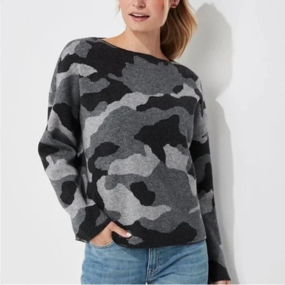 VINEYARD VINES Gray Camo Boatneck Sweater LARGE Wool Cashmere